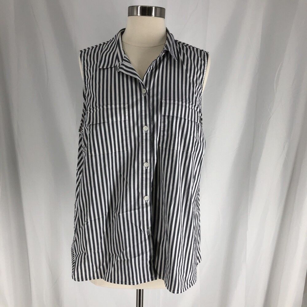J. Jill Women X Large Grey White Striped Sleeveless Button Down Shirt Blouse Top